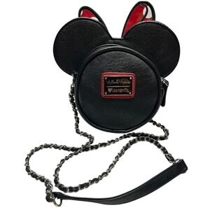 Loungefly Disney Minnie Mouse Crossbody Bag Black Quilted Faux Leather Ears Bow